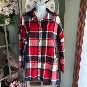 Women’s Flannel Shacket Red, White & Blue Plaid Pockets Swing Bottom Size XL